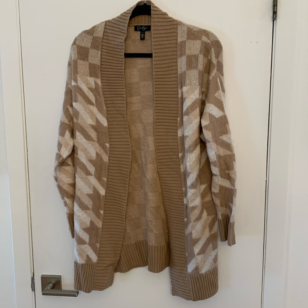 Jessica Simpson Tan Checkered Chunky Cardigan - Cozy Knit Sweater, Women’s